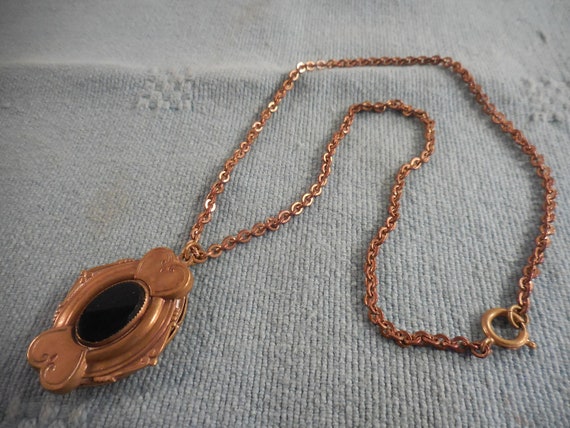 Vintage Gold Tone* Locket Pendant Necklace Black … - image 2