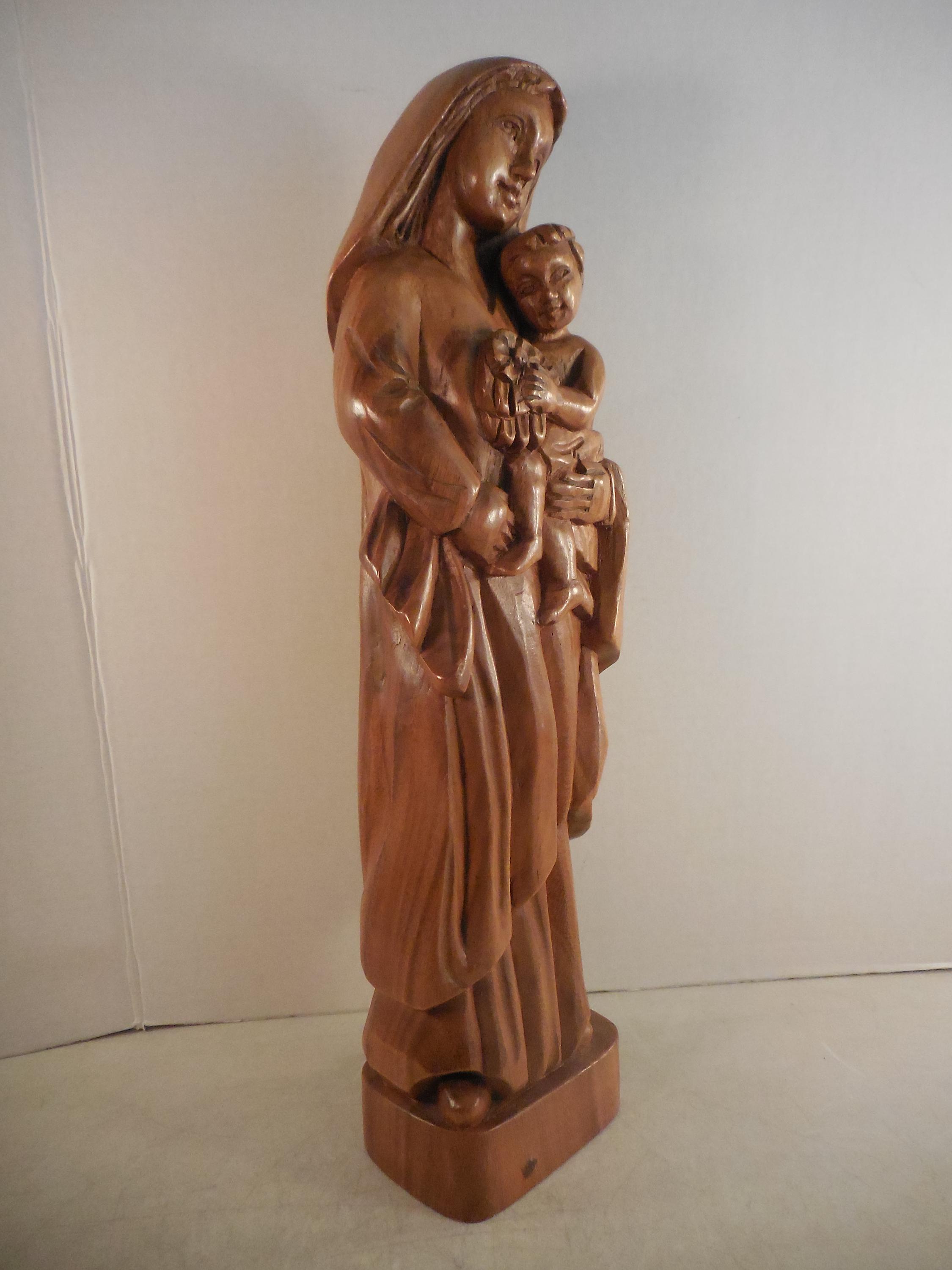 18" Hand Carved Wood Sculpture Figure Mother Mary Madonna & Child Baby ...