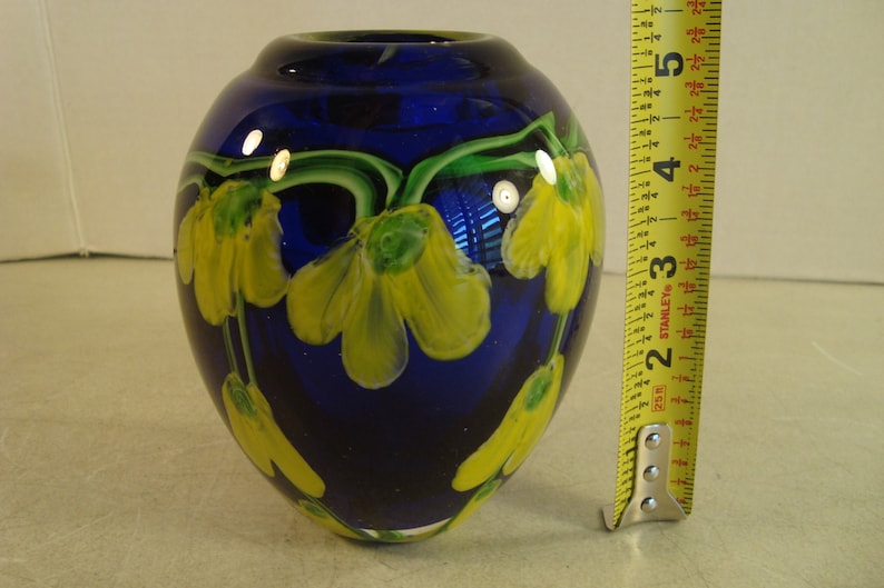 Vintage Murano Style Laburnum Heavy Paperweight Vase Yellow Flowers 5.5