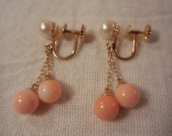 Vintage 14K Yellow Gold with Angel Skin Coral Ball and Pearl Dangle Earrings Screw Back GORGEOUS