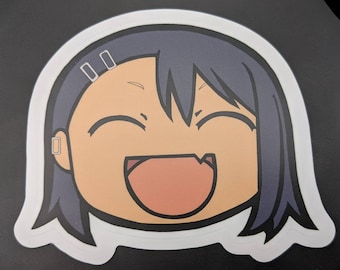 May include: A sticker featuring a cartoon character with short, dark blue hair, smiling with a wide open mouth. The character has a light brown skin tone and is wearing small silver earrings.