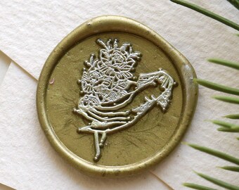 Main avec la cire rose Timbre de sceau /journal décor ciceau timbre/ Timbre de cire d'étanchéité personnalisé/timbre de joint de cire de mariage