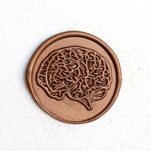 Peut inclure: Un sceau de cire rond, de couleur bronze, avec un motif détaillé de cerveau. Le sceau est centré sur un fond blanc, mettant en valeur les lignes complexes de la structure du cerveau. Le bord du sceau est légèrement surélevé.