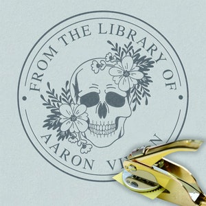 Embosseuse de la bibliothèque, embosseuse squelette tête de mort personnalisée, tampon de bibliothèque personnalisé, embosseuse personnalisée, cadeau pour les amoureux de livres