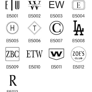 May include: A collection of 13 different monogram and logo designs. The designs are all black and white and feature a variety of fonts and styles. The designs are labeled with the numbers EIS001 through EIS013.