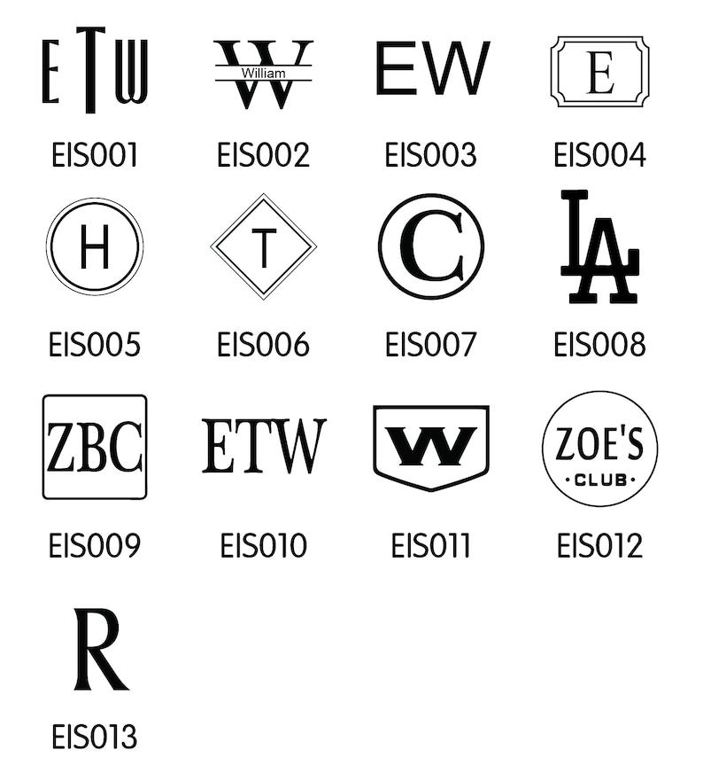 May include: A collection of 13 different monogram and logo designs. The designs are all black and white and feature a variety of fonts and styles. The designs are labeled with the numbers EIS001 through EIS013.