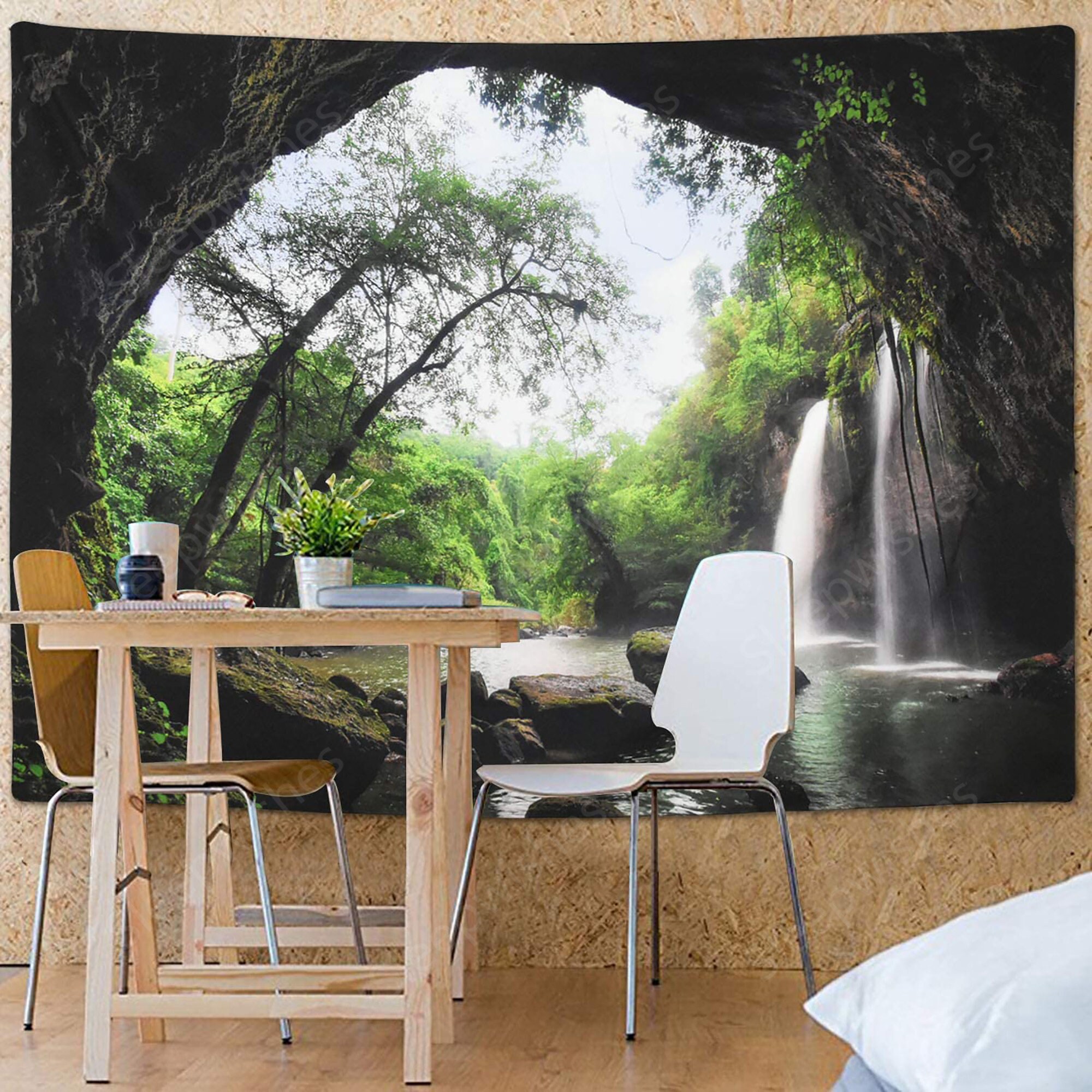 W 60 Inch L x40 YISURE Nature Mountain Forest Tapestry Scenic Green Pine Tree Waterfall Landscape Wall Hanging Tapestries for Home Office Dorm Indoor and Outdoor Decoration