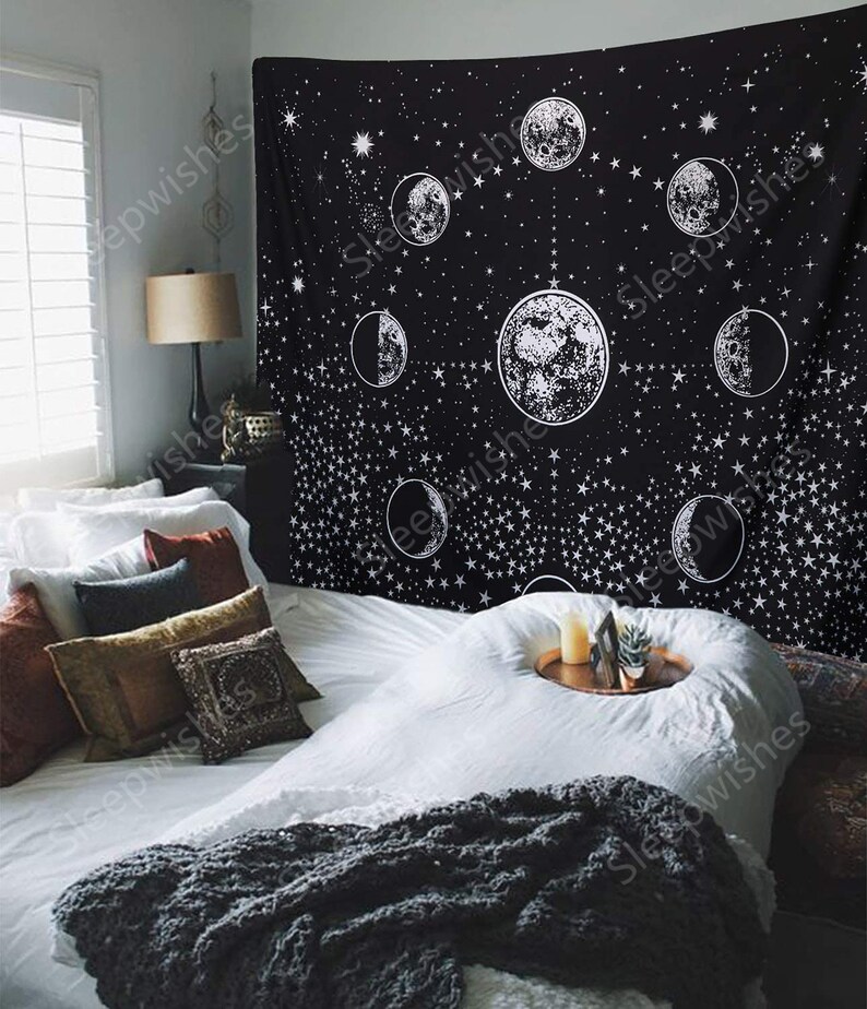 Moon Phase Tapestry Wall Hanging Black and White Tapestry Etsy