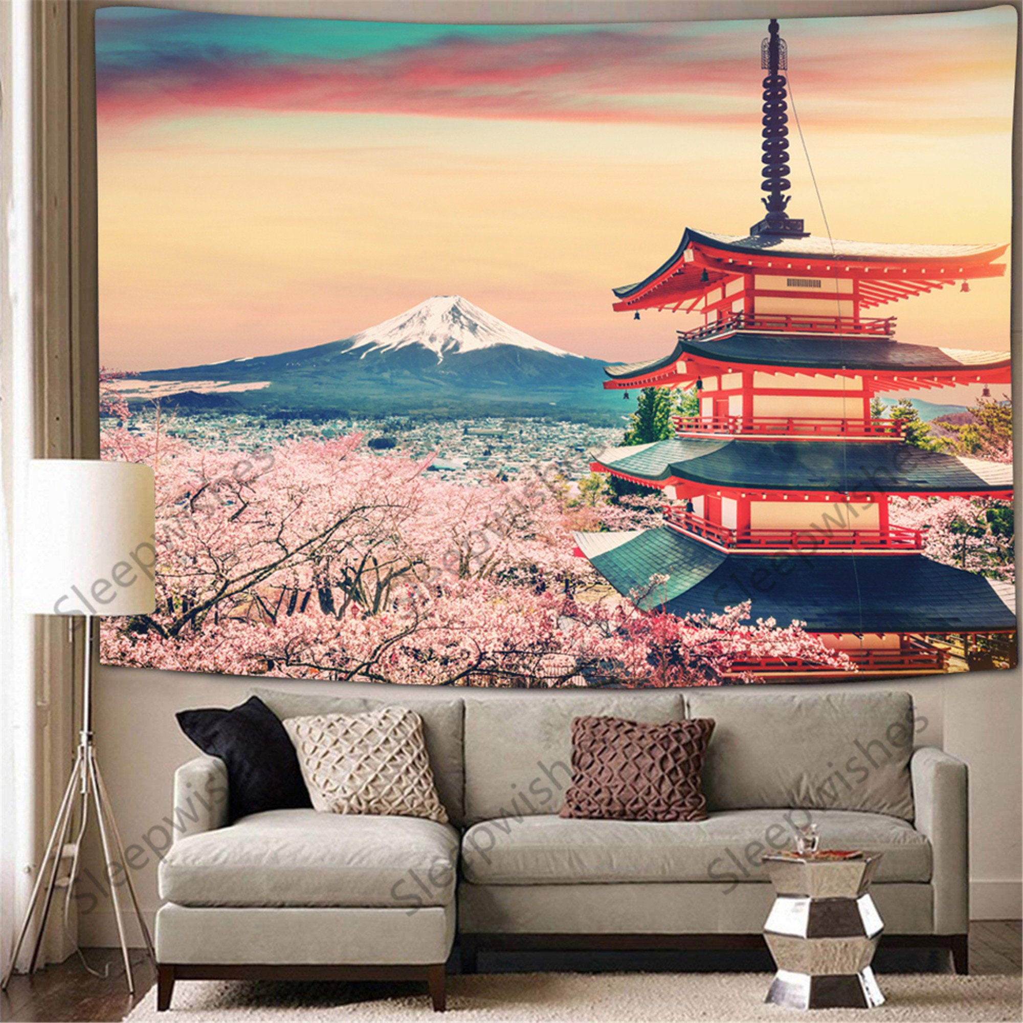  Japanese Watercolor Spring Tapestry Wall Hanging, Mount Fuji  with Cherry Blossoms Sakura Flower Wall Tapestry Art for Home Decorations  Dorm Decor Living Room Bedroom Bedspread, Wall Blanket, (60X40in) : Home 
