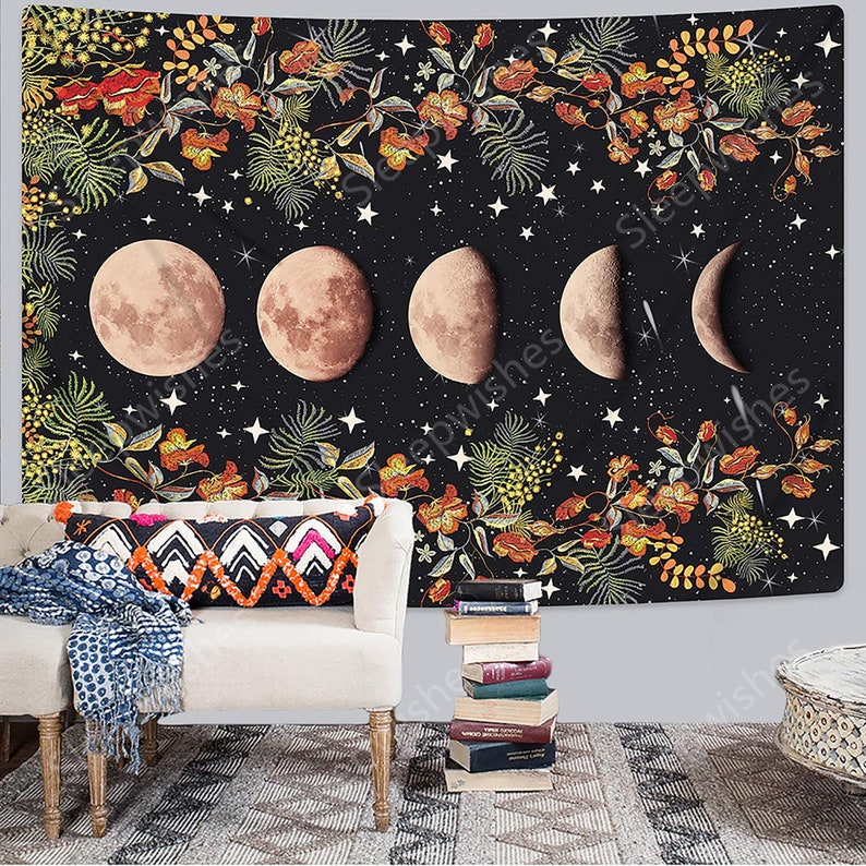 Moonlit Garden Tapestry Moon Phase Tapestries Flower Vine Etsy