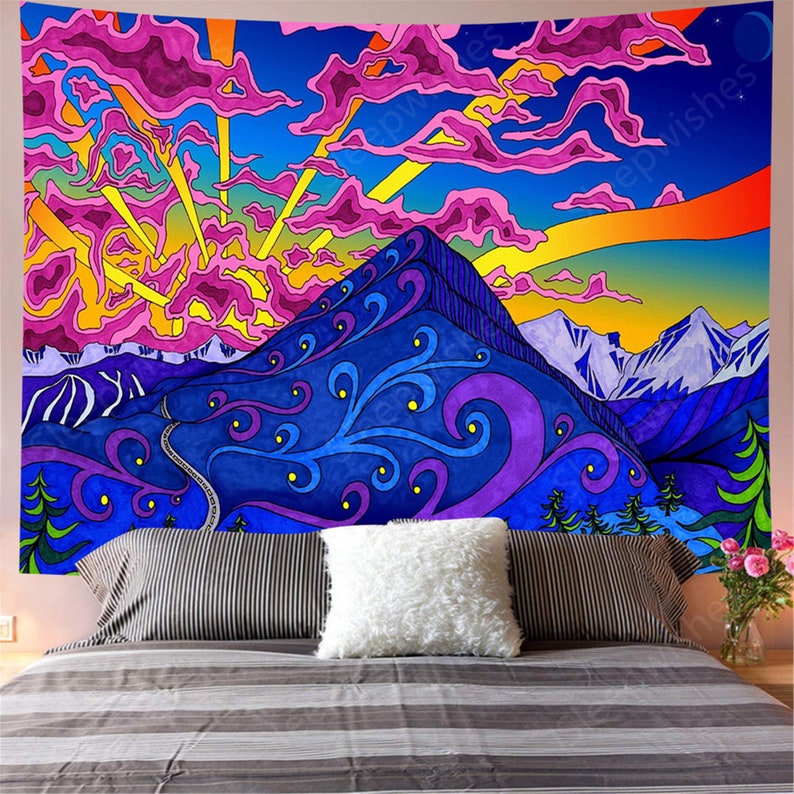 Psychedelic Tapestry Trippy Colorful Mountain Sun Tapestry | Etsy