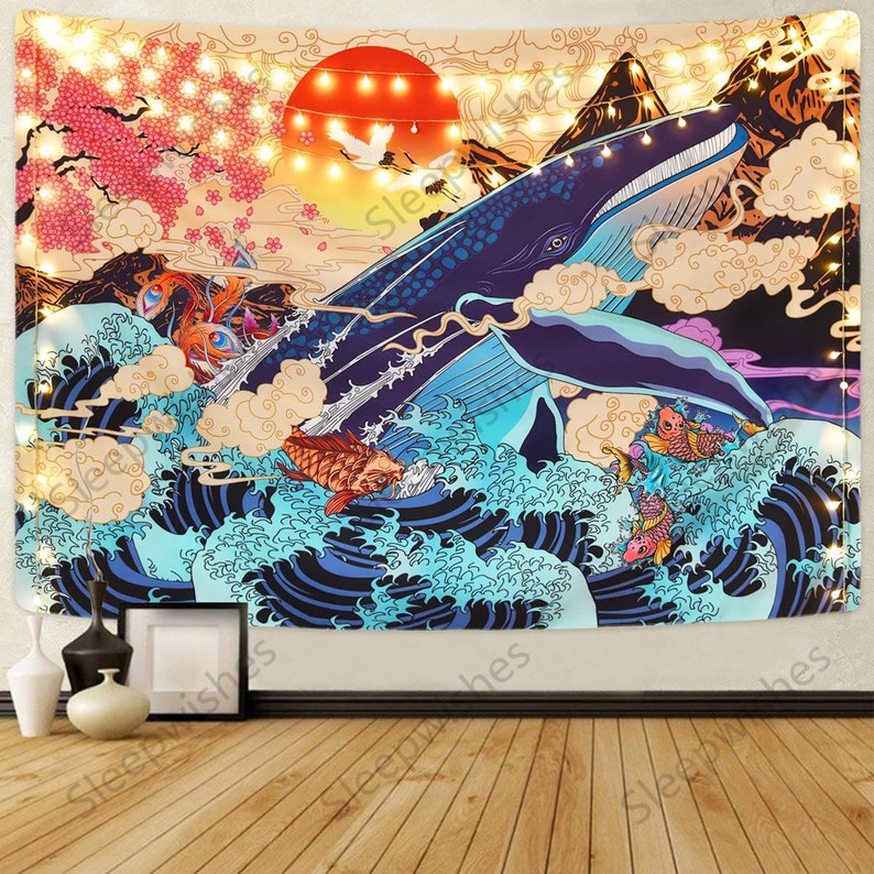 Japanese Ukiyo-e Tapestry Sea Wave Koi Tapestry Trippy Whale Tapestry Sunset Animal Tapestry for Dorm Bedroom Living Room 