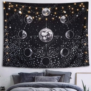 Moon Phase Tapestry Wall Hanging Black and White Tapestry Stars Starry Night Sky Universe Tapestry