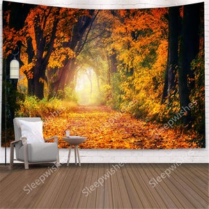 Autumn Forest Tapestry Wall Hanging Sunlight Path Tapestry Yellow Leaves Trees Tapestry Nature Landscape Tapestry for Room