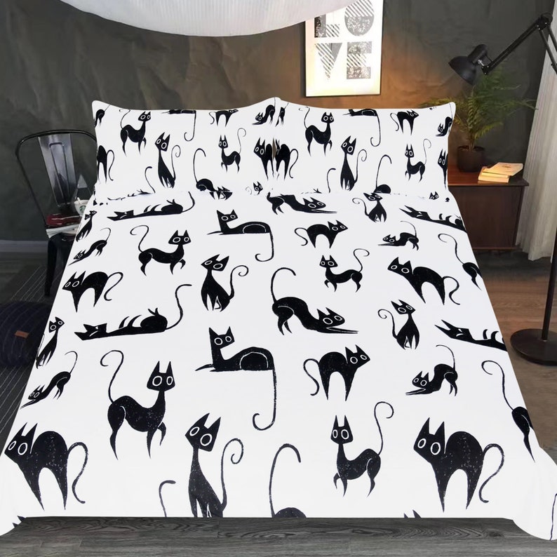 Katie Cat Duvet Cover Black White Bedding Set Quilt Bedspread Duvet Cover Set with 2 Pillow Cases