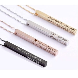 Personalized Bar Necklace, Custom Engraved Name 3D Vertical Bar Necklace Customize Name Necklace Stainless Steel Pendant Jewelry Gifts