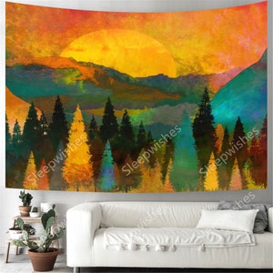 Psychedelic Tapestry Mountain and Forest Tapestry Wall Hanging Sunrise Warm Red Tapestry Trippy Tree Tapestry for Room