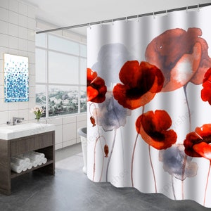 Beautiful Flowers Red Poppies Shower and Bath Curtains Watercolor Flower Decor Collection Shower Curtain Waterproof Home Decor