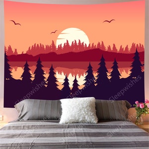 Mountains Tapestry Wall Hanging Sunset Birds Tapestry Forest Trees Tapestry Psychedelic Tapestry for Living Room Bedroom Dorm Decor