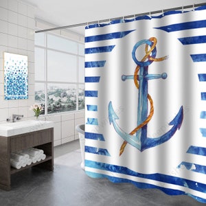 Personalized Nautical Shower Curtain, Anchor Shower Curtain, Adventure Theme Vintage Ocean Marine Boat with Rope Bathroom Curtain