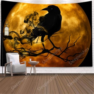 Halloween Tapestry Wall Hanging Raven Crow and Moon Tapestry Darkness Mystical Gloomy Tapestry for Room Gift