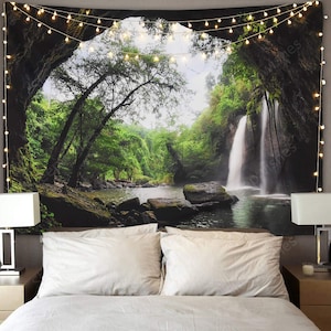 Mountain Cave Tapestry Waterfall Tapestry Forest Tree Tapestry Nature Tapestry Wall Hanging for Room