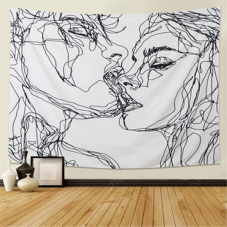 The Kissing Lovers Tapestry Wall Hanging Black and White Tapestry Home Decor Tapestries Wall Art for Bedroom Living Room 