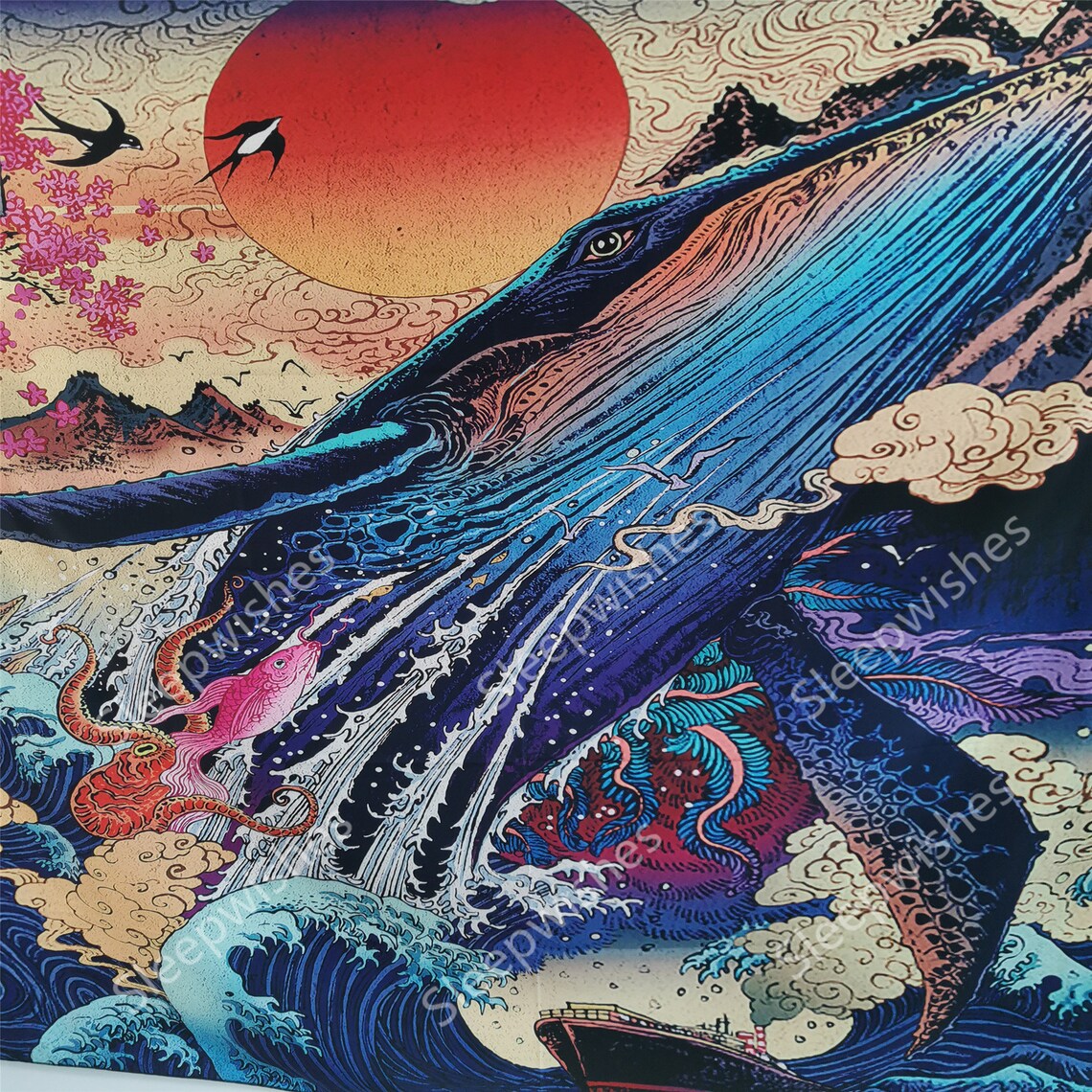 Sunset Great Wave Whale Tapestry Japanese Art Tapestry Ukiyoe Etsy