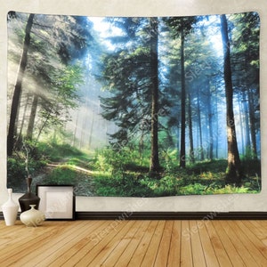 Misty Forest Tapestry Wall Hanging Sunshine Through Trees Tapestry Magical Nature Landscape Tapestry for Room