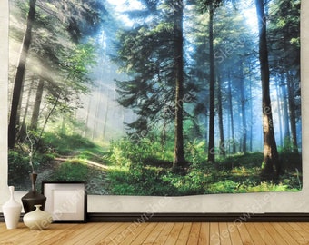 Misty Forest Tapestry Wall Hanging Sunshine Through Trees Tapestry Magical Nature Landscape Tapestry for Room