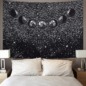 Popular Handicrafts Moon Eclipse Tapestry Starry Night Sky Tapestry Wall Hanging for Living Room Bedroom Dorm Black & White Universe Galaxy Tapestry
