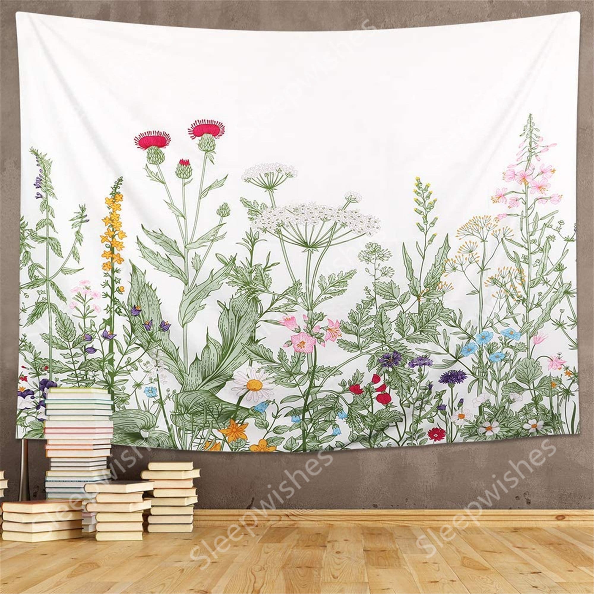 Colorful Floral Plants Tapestry Vintage Herbs Tapestry Wild