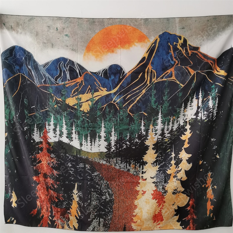Mountain Tapestry Wall Hanging Forest Trees Tapestry Sunset Etsy
