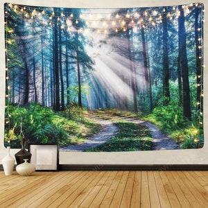 Misty Forest Tapestry Wall Hanging Sunshine Tapestry Road Green Trees Tapestry Nature Scenery Tapestry for Bedroom Living Room