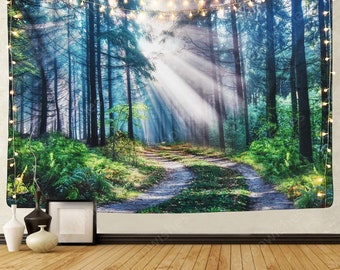 Misty Forest Tapestry Wall Hanging Sunshine Tapestry Road Green Trees Tapestry Nature Scenery Tapestry for Bedroom Living Room