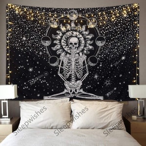 Skull Tapestry Meditation Skeleton Tapestry Chakra Tapestry Starry Tapestry Black and White Stars Tapestry for Room