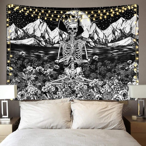 Skull Floral Tapestry Meditation Skeleton Tapestries Mountain Wave