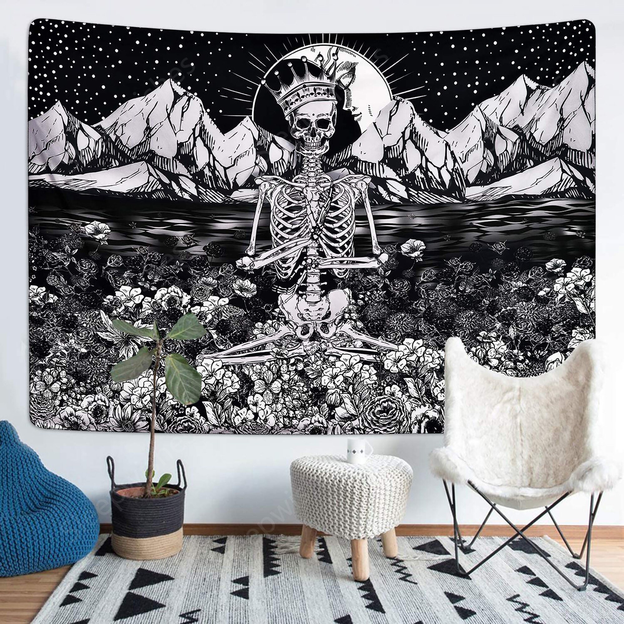 Skull Floral Tapestry Meditation Skeleton Tapestries Mountain Etsy