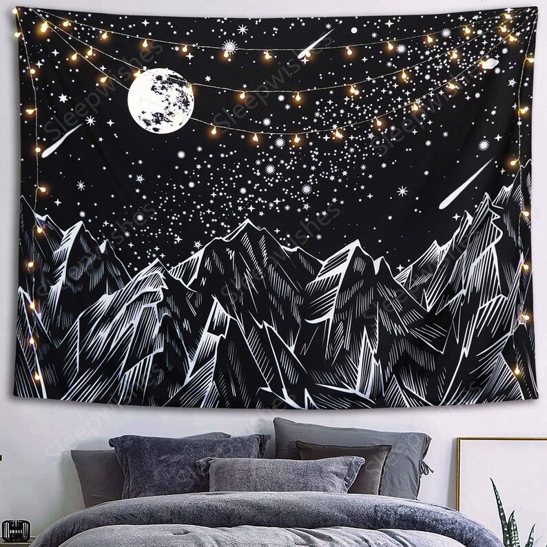 Moon Mountain Tapestry Wall Hanging Black and White Nature Etsy