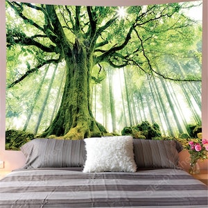 Virgin Forest Tapestry Green Tree in Misty Forest Tapestry Wall Hanging Nature Scenery Wall Tapestry Decor for Room