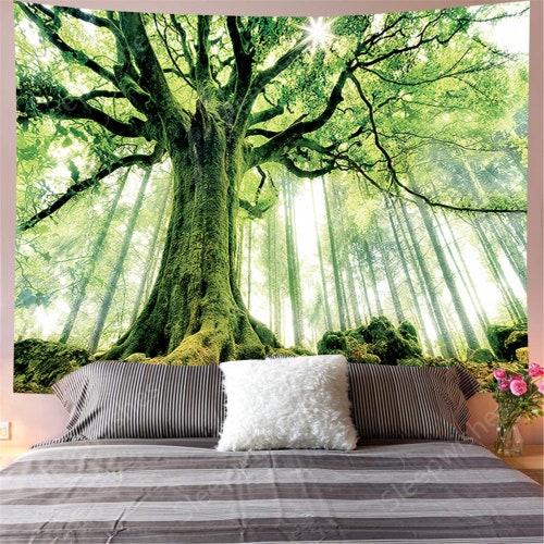 Fairy Green Tree House Scenic Tapestry Wall Hanging Living Room Bedroom Decor 