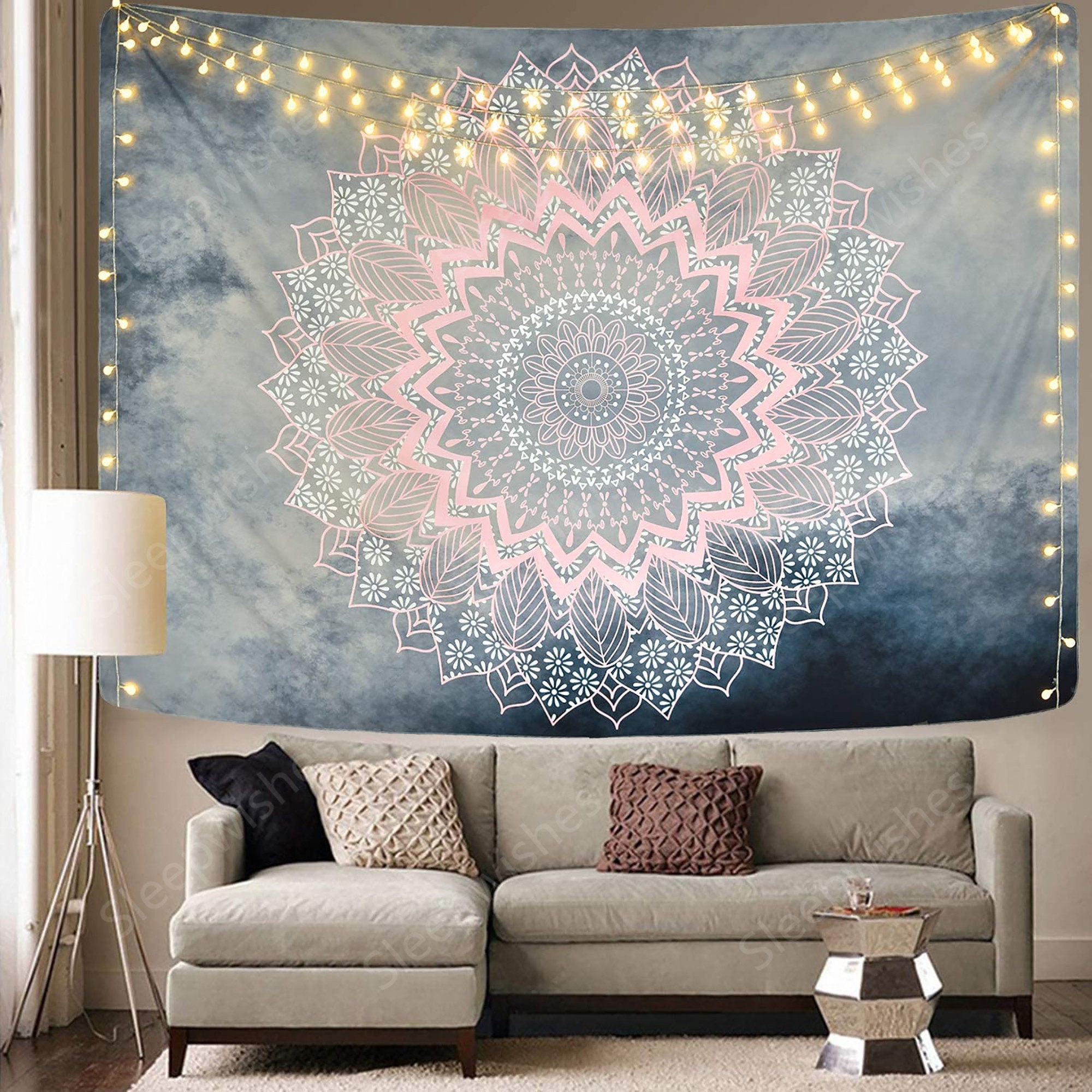 Mandala Tapestry Grey Pink Tapestry Hippie Bohemian Floral