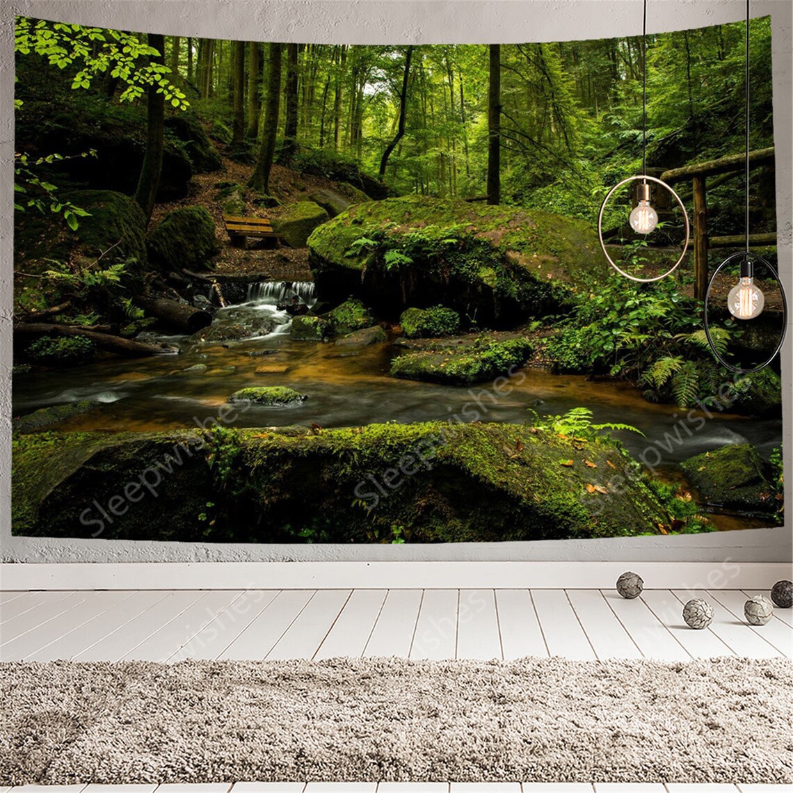 Water Flowing Tapestry Wall Hanging Green Forest Tree Tapestry Etsy