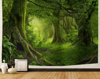 Virgin Forest Tapestry Green Tree in Misty Forest Tapestry Wall Hanging Nature Scenery Wall Tapestry Decor for Room