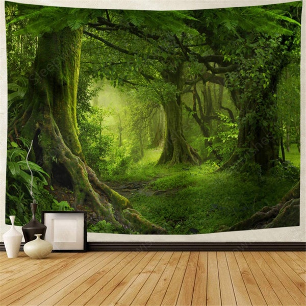 Virgin Forest Tapestry Green Tree in Misty Forest Tapestry Wall Hanging Nature Scenery Wall Tapestry Decor for Room