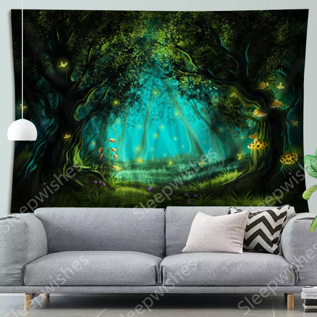 Magic Forest Tapestry Trees Mushroom Fantasy Wall Hanging Etsy