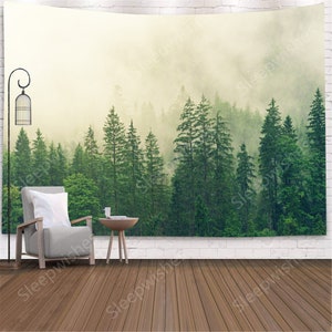 Virgin Forest Tapestry Wall Hanging Green Tree in Misty Forest Tapestry Nature Landscape Wall Tapestry Decor for Room