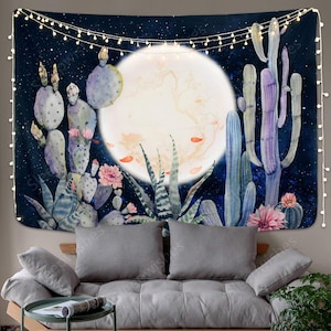 Cactus Tapestry Wall Hanging Moon and Cactus Plant Printed Tapestry Cactus Watercolor Tapestry for Room