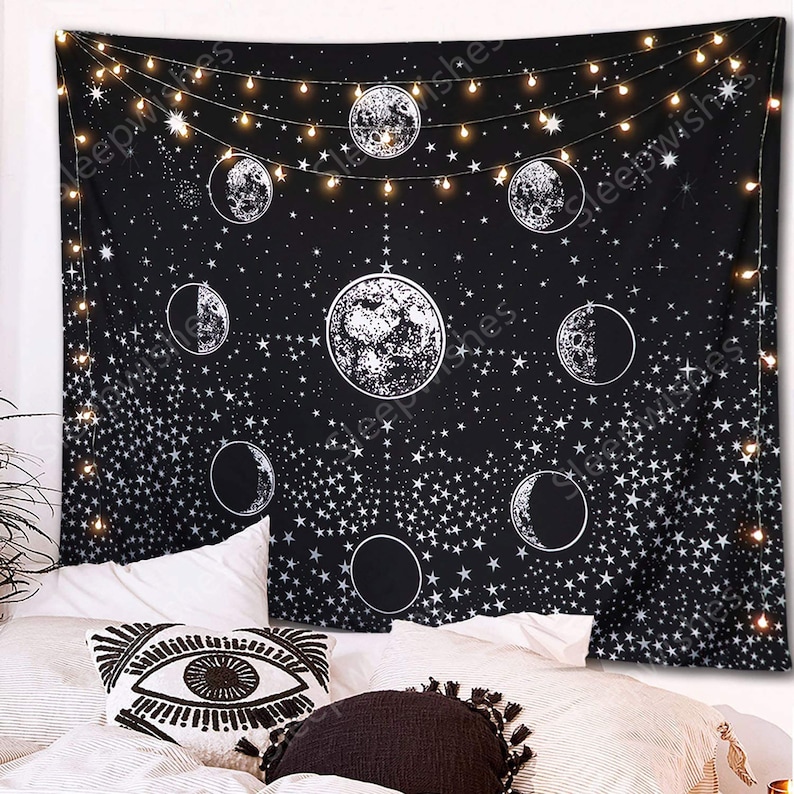 Moon Phase Tapestry Wall Hanging Black and White Tapestry Etsy