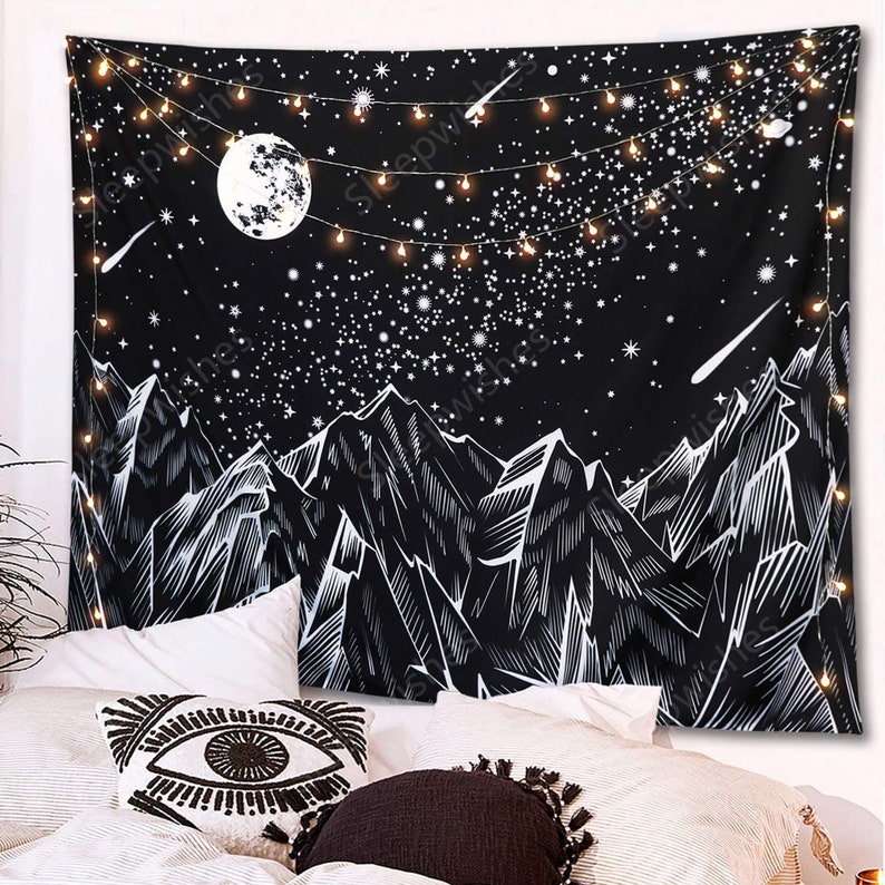 Moon Mountain Tapestry Wall Hanging Black and White Nature Etsy Australia